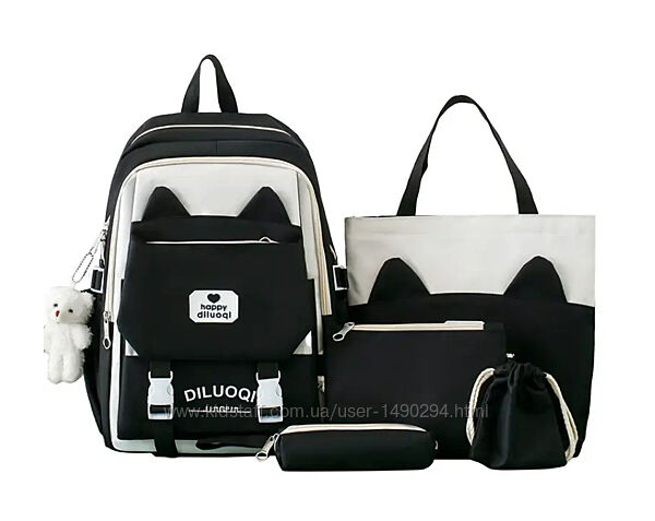 Рюкзак женский комплект 5 в 1 черный без брелка