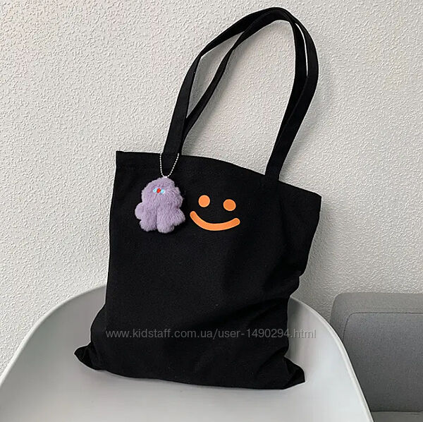 Сумка женская шоппер тканевой на змейке черный с брелком