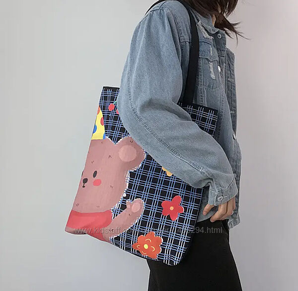 Сумка женская шоппер тканевой на змейке черный с принтом