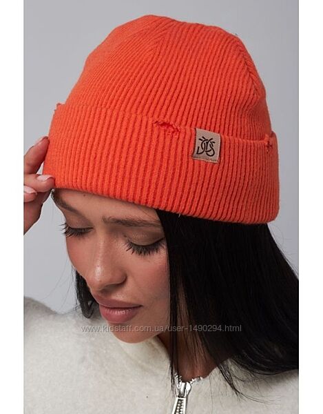 Шапка женская двойная с отворотом Докер оранжевый размер 56-59