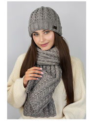 Шапка женская на флисе с шарфом комплект Нордик темный кофе