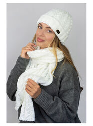 Шапка женская на флисе с шарфом комплект Нордик белый