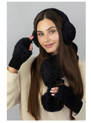 Комплект женский наушники  шарф  митенки черный размер 56-58