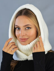 Капор женский вязаный с воротником белый Лея