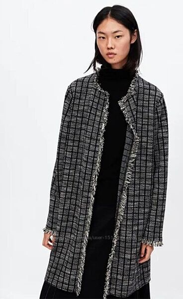 Твидовый кардиган зара тренч удлиненный блейзер в клетку принт от ZARA