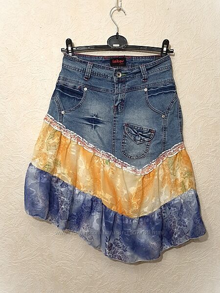 Джинсова спідниця синя жіноча міні/міді оборки шовк кольорові юбка расширен