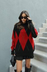 Теплий светр оверсайз з ромбами чорно-червоний