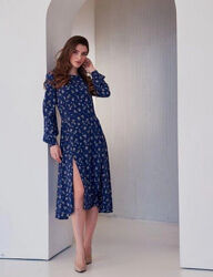 Напівприталена синя сукня в квіти, платье 