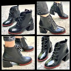 Женские чёрные натуральные кожаные лакированные рептилия ботинки ботильоны