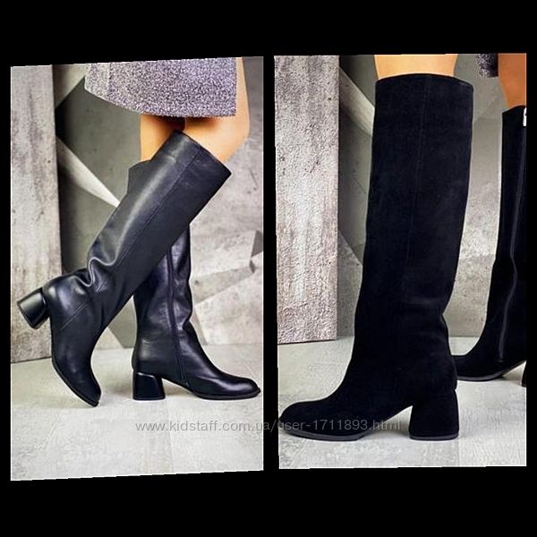 Женские чёрные натуральные кожаные замшевые сапоги на среднем каблуке кожа 