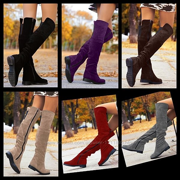Женские натуральные замшевые высокие сапоги ботфорты на низком ходу каблуке