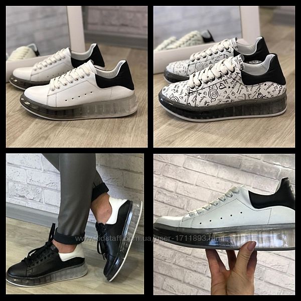 Женские чёрные белые кроссовки Маквин Натуральная кожа Прозрачная подошва