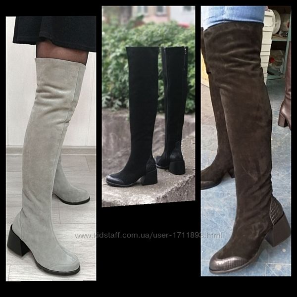 Женские натуральные замшевые сапоги ботфорты на среднем каблуке зима деми 