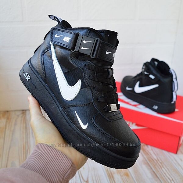 Nike Air Force 1 Mid Black White кросівки жіночі зимові найк аір форс
