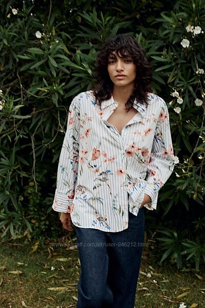 Смугаста поплінова сорочка ZARA з птахами та квітами M-L