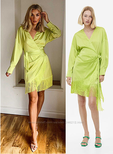 Атласна лаймова сукня H&M з бахромою S-M