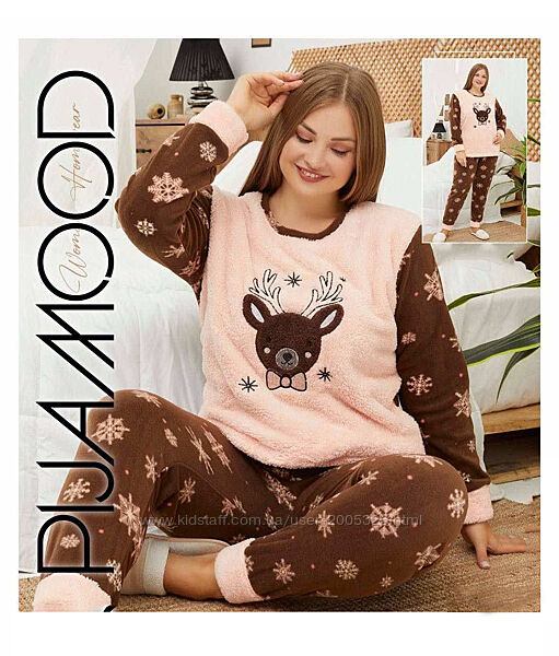 Піжама тепла кофта штани Pijamood Шоколадно-лососева з принтом Олень