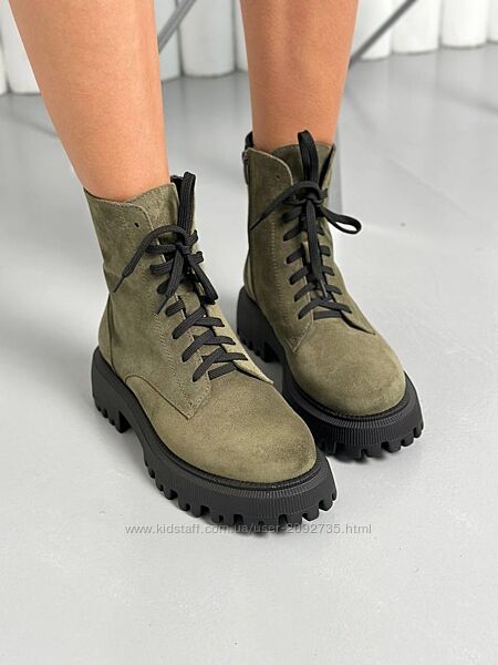 Черевики жіночі замшеві кольору хакі та шоколадного демі зима Артикул 6205