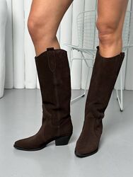 Чоботи казаки жіночі замшеві шоколадні демісезонні Артикул 4903 новинка