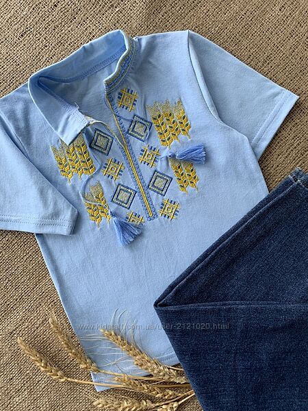 Футболка вишиванка блакитна дитяча, футболка вишита для хлопчика, 