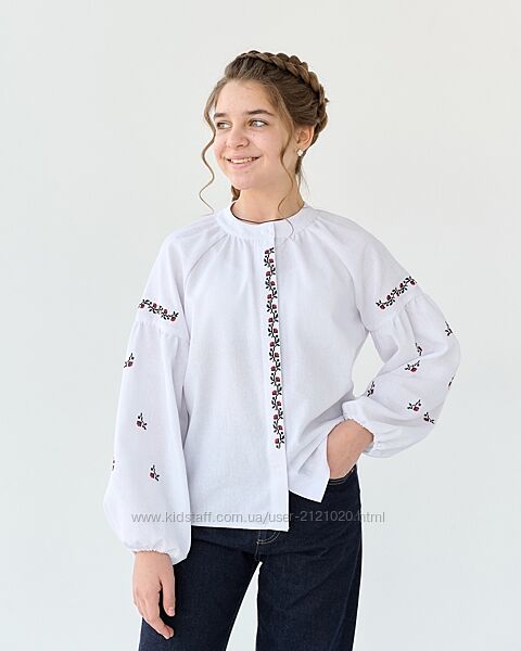 Сорочка вишиванка льон біла для дівчинки на застібку ґудзик