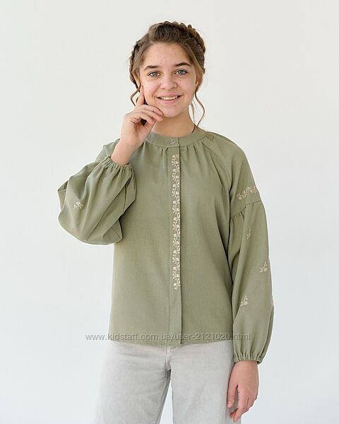 Вишиванка для дівчинки олива, вишиванка для дівчинки на ґудзику лляна 