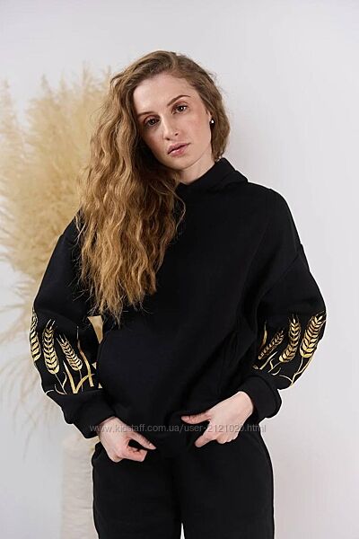Худі чорний жіночий з українською етно вишивкою 