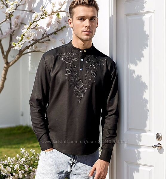 Сорочка вишиванка лляна чорним по чорному чоловіча 