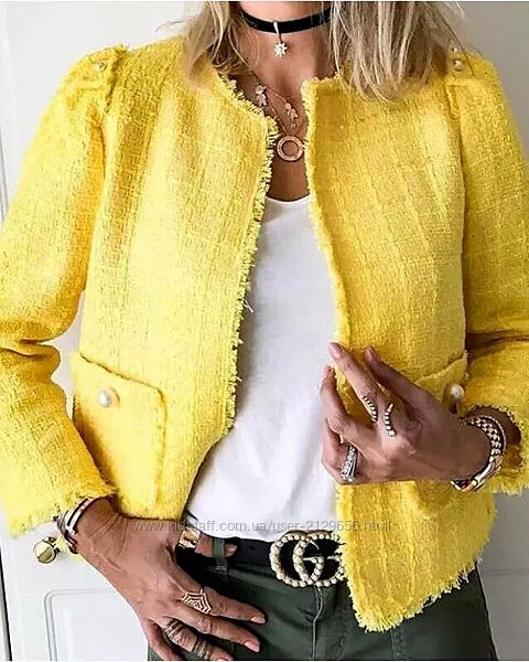 Твидовый пиджак A879 ZARA Blazer Yellow Tweed Pearls Boucle Twill Frayed